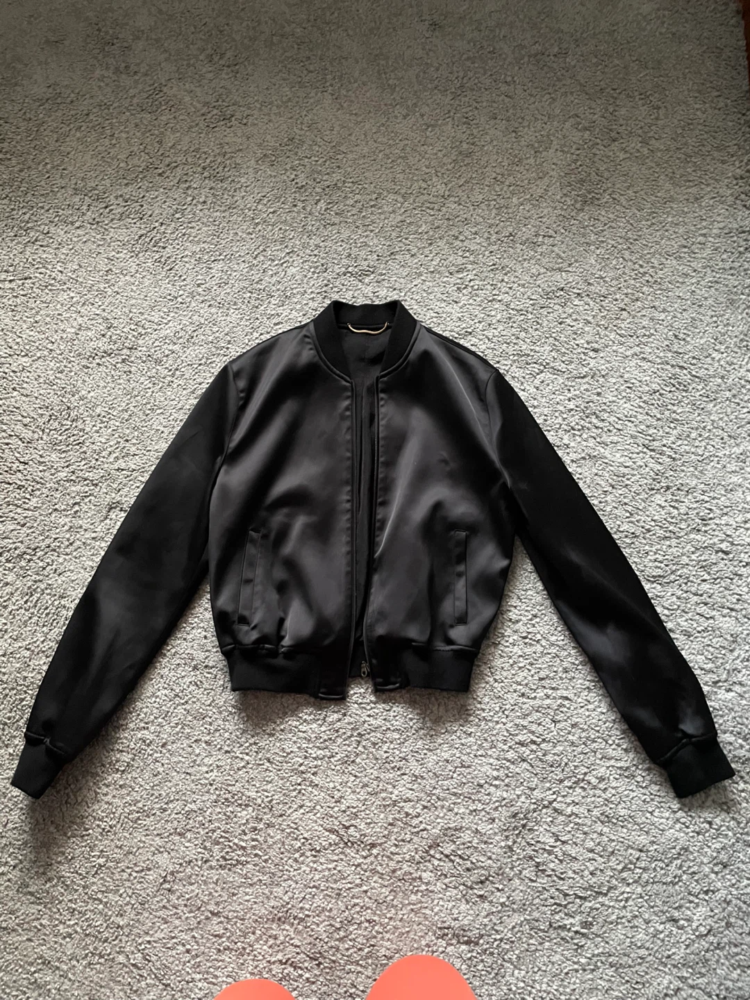 Black Satin Bomber Jacket with Beaded Fireworks