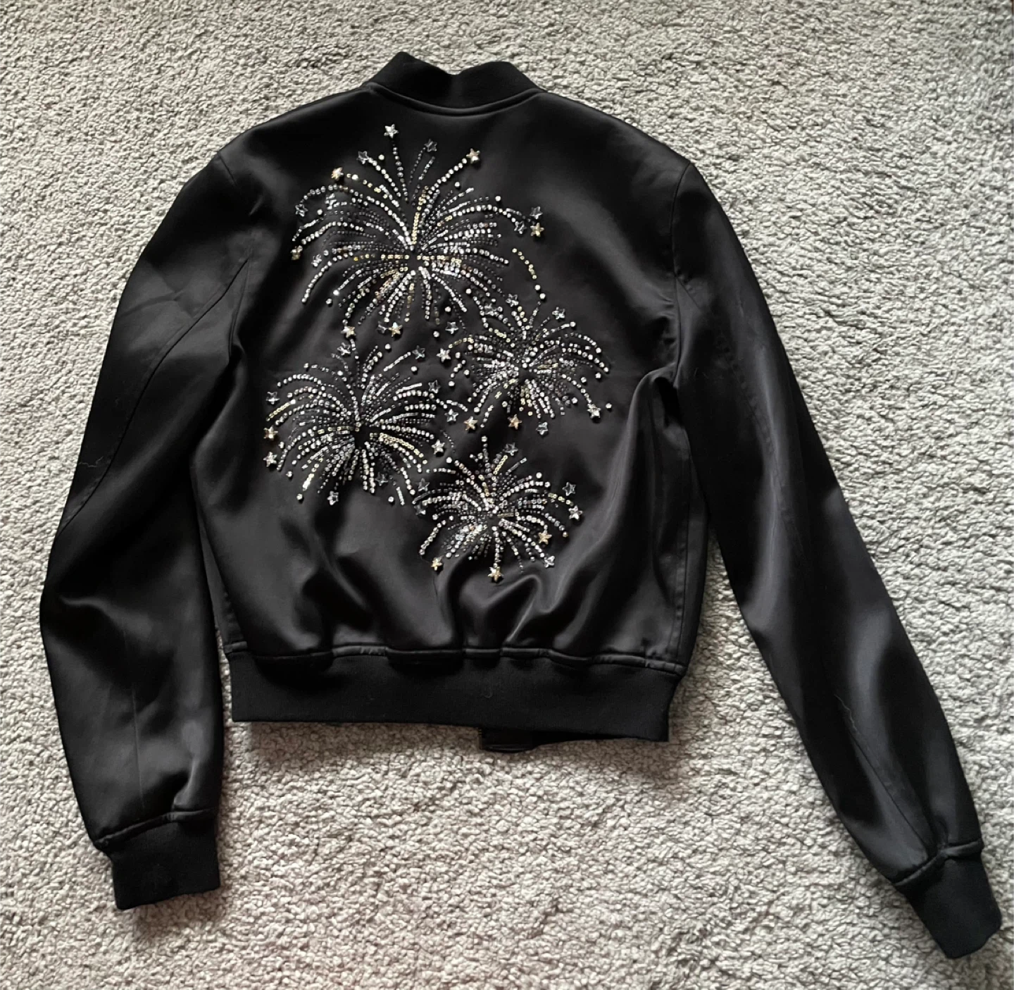Black Satin Bomber Jacket with Beaded Fireworks - photo 4