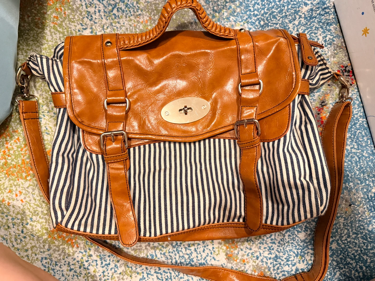 Brown Faux Leather Satchel Bag with Stripes🏆