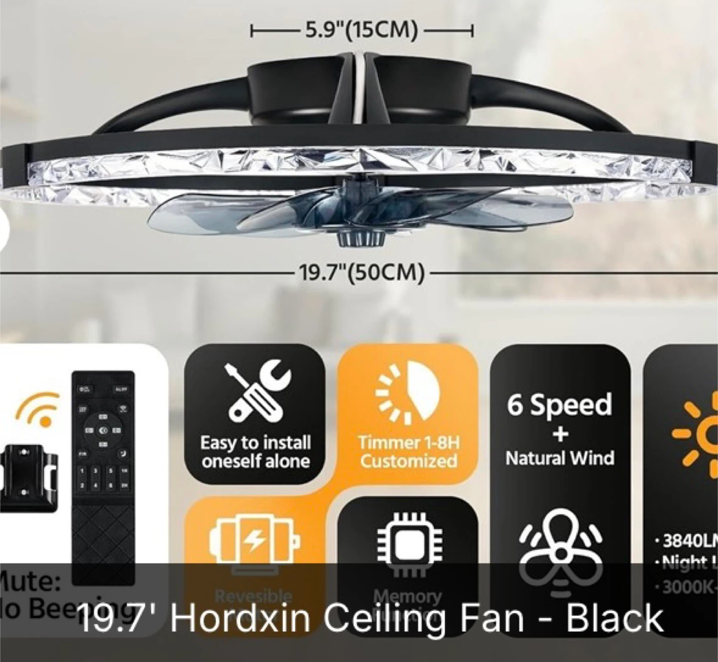 Hordxin 19.7" Black Ceiling Fan with Light - photo 3