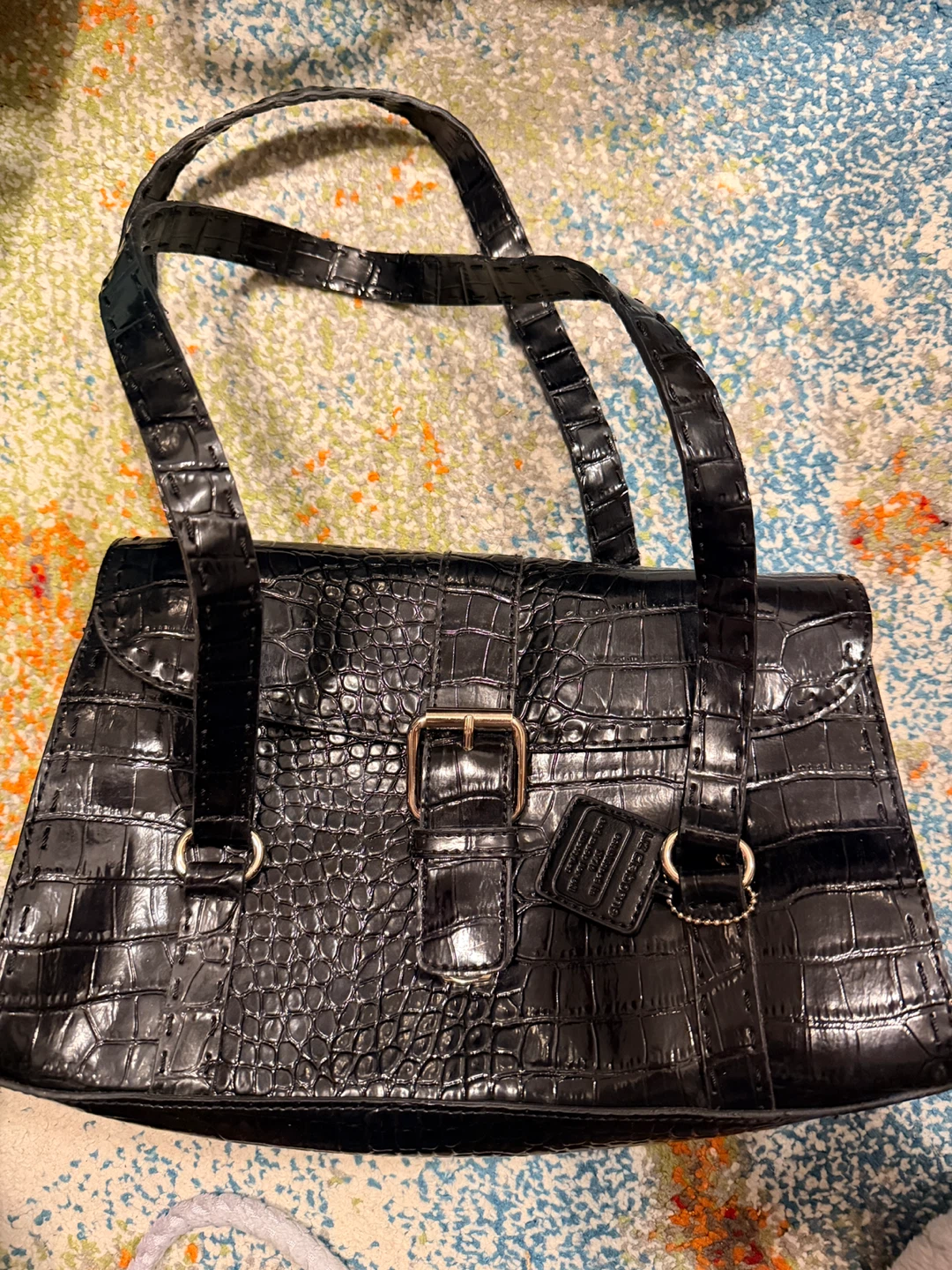 🏆Liz Claiborne Black Croc-Embossed Shoulder Bag