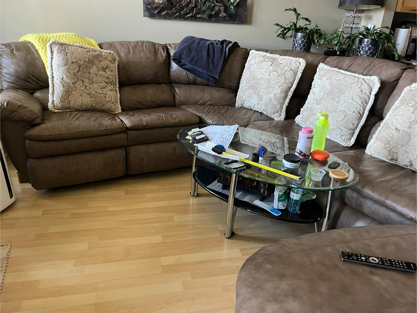 Large Brown Leather Sectional Couch - photo 2