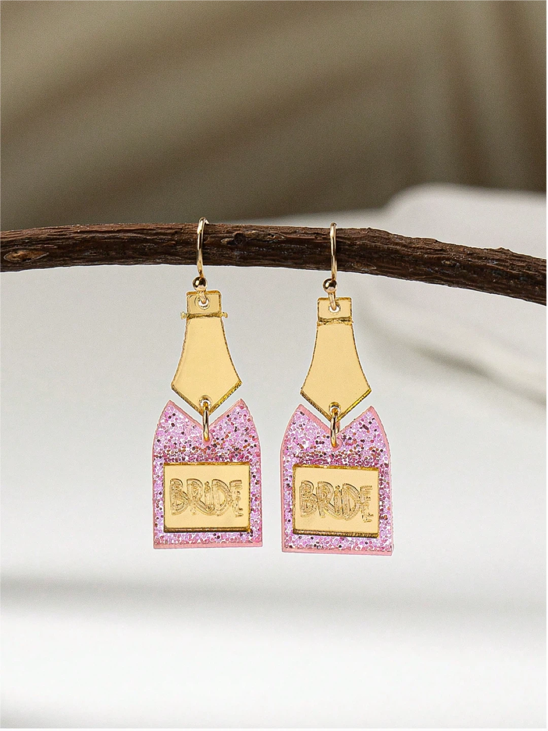 Bride Champagne Bottle Earrings Pink Glitter