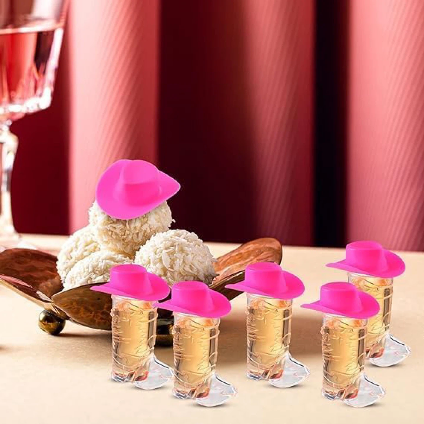 Set of 20 pcs: 10 Pink Cowboy Hats + 10 Shot Glass Toppers