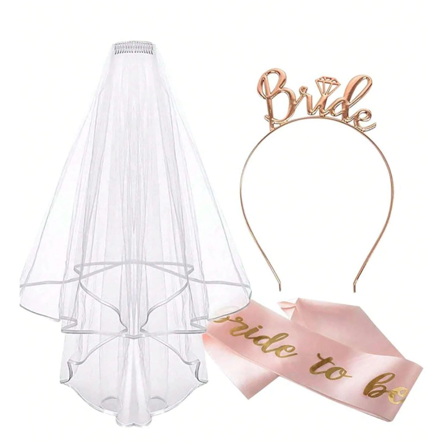 Set of Bride to Be Sash, Veil, and Headband