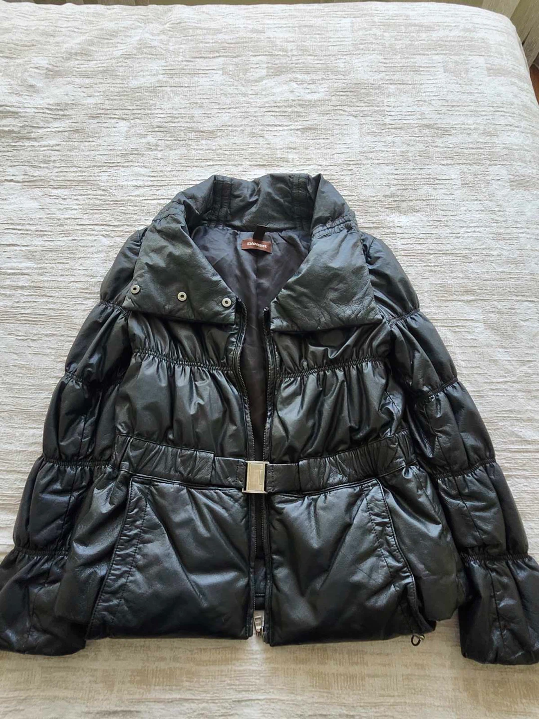 Black Genuine Leather Puffer Jacket with Down Fill