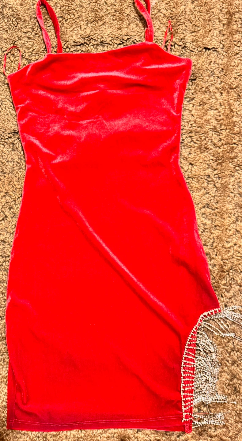 Wet Seal Red Velvet Mini Dress with Rhinestone Trim - Size S