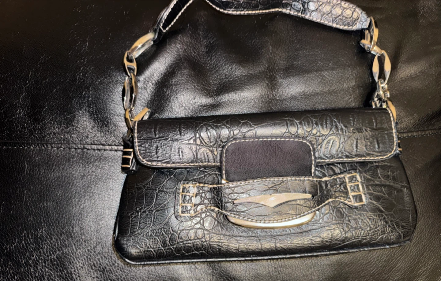 Black Croc-Embossed Handbag with Silver Accents