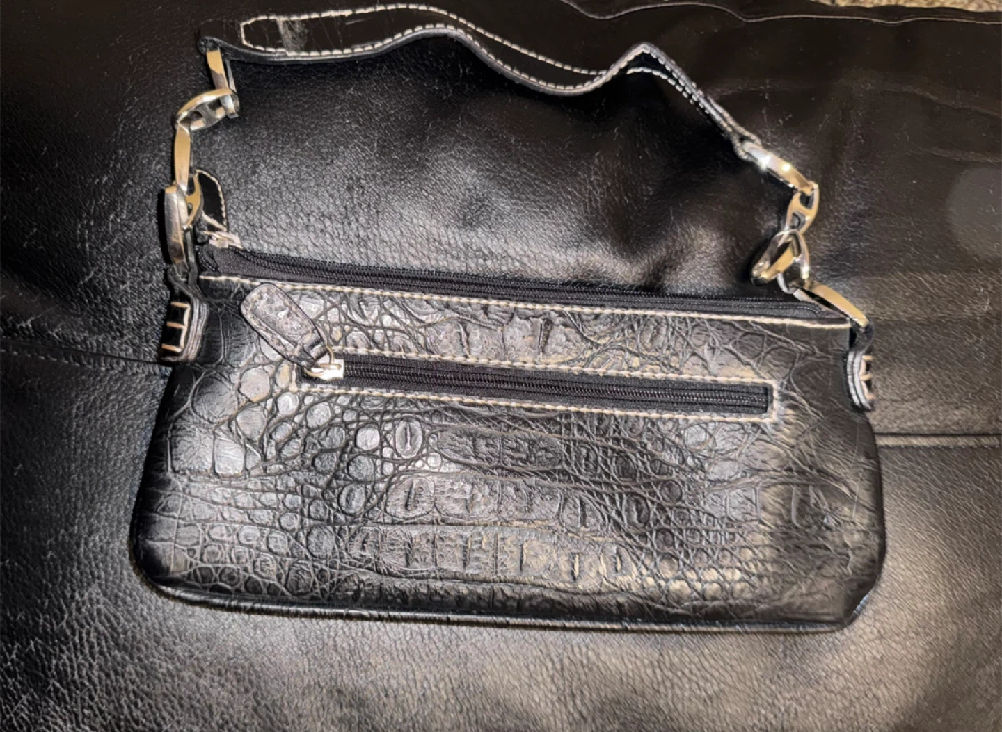 Black Croc-Embossed Handbag with Silver Accents - photo 2