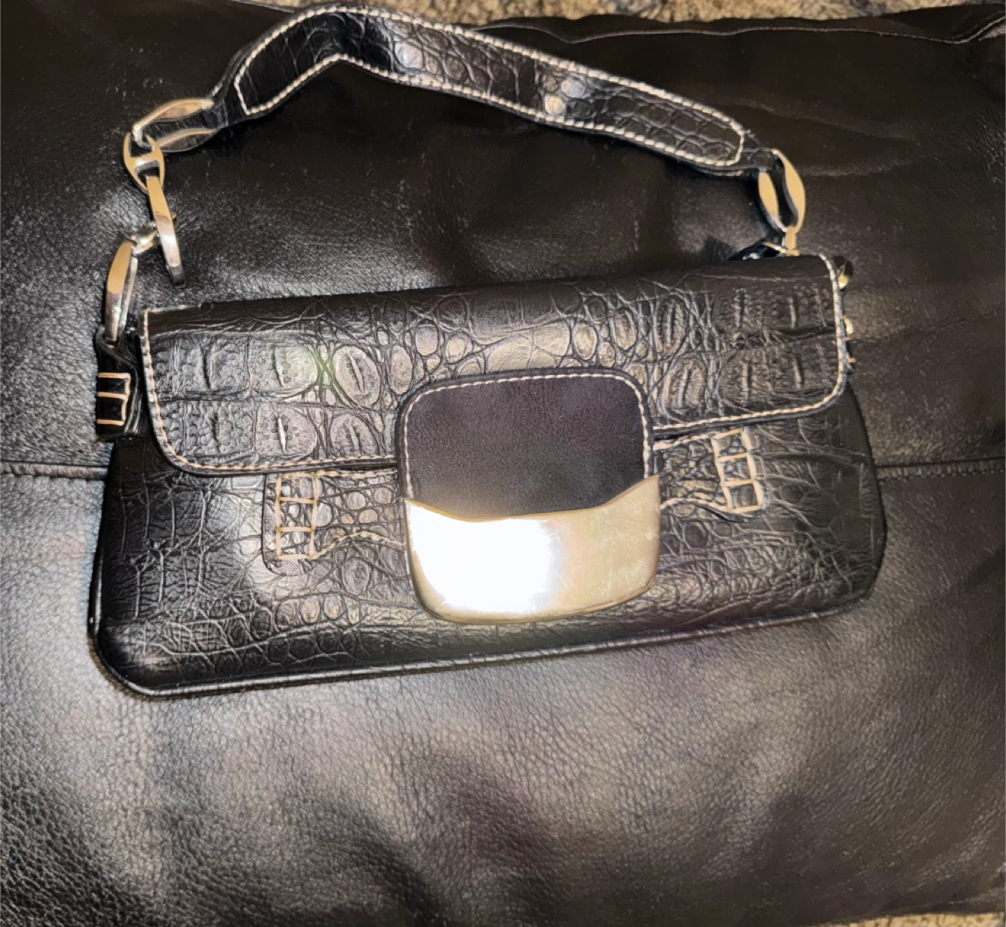 Black Croc-Embossed Handbag with Silver Accents - photo 3