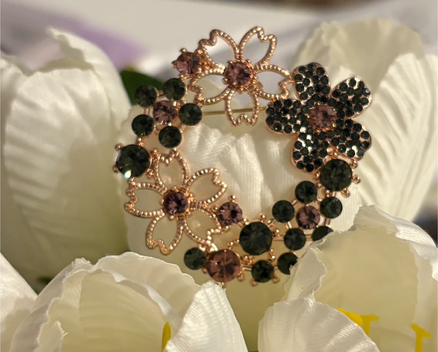 Beautiful Rose Gold Flower Brooch with Pink and Grey Crystals - photo 3