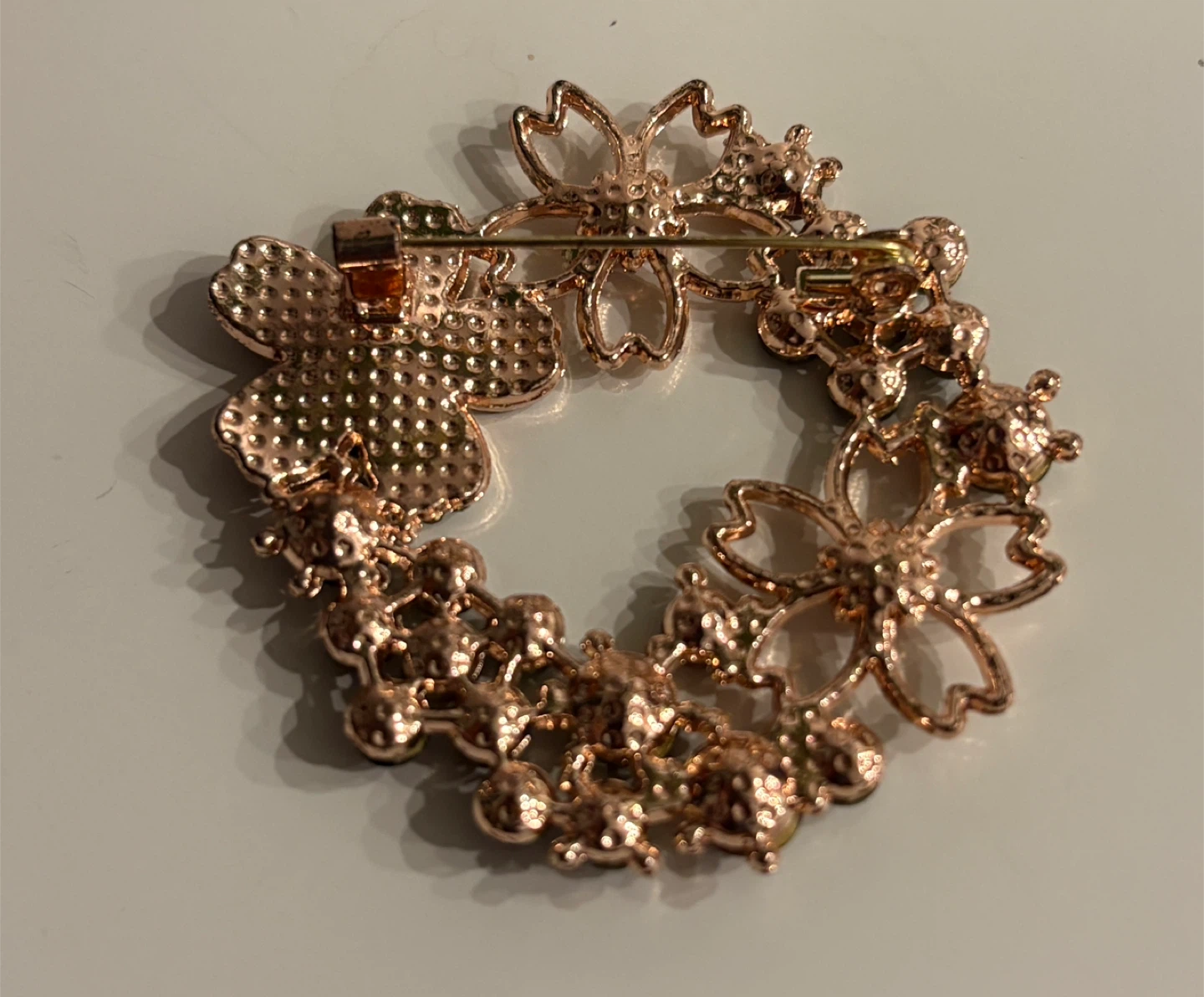 Beautiful Rose Gold Flower Brooch with Pink and Grey Crystals - photo 2