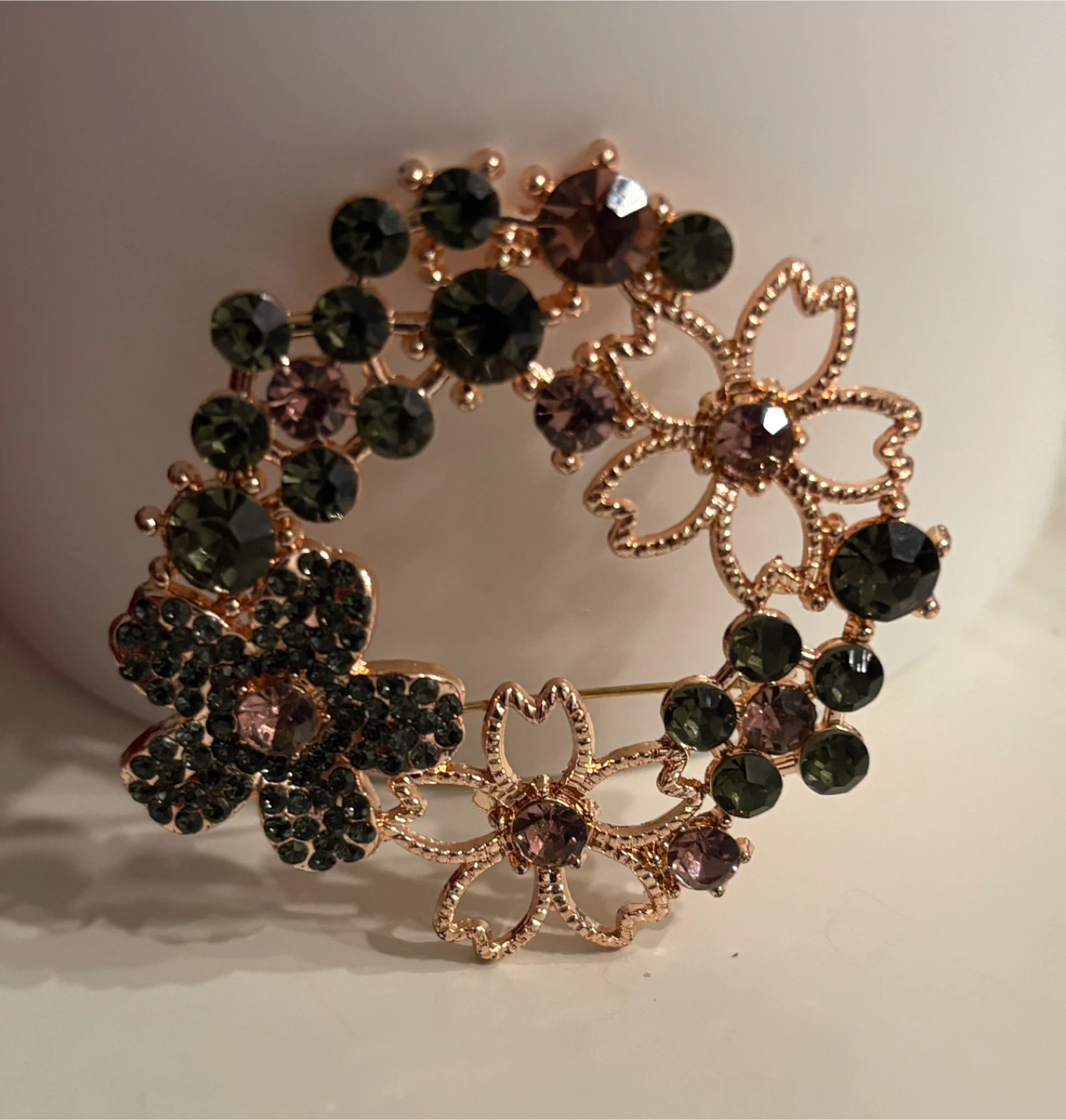 Beautiful Rose Gold Flower Brooch with Pink and Grey Crystals