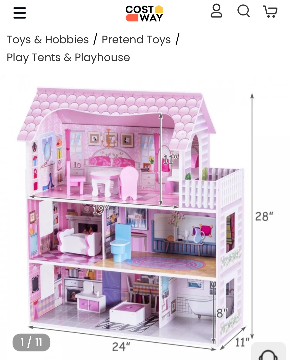 Costway Pink Wooden Dollhouse with 11 Pieces of Furniture