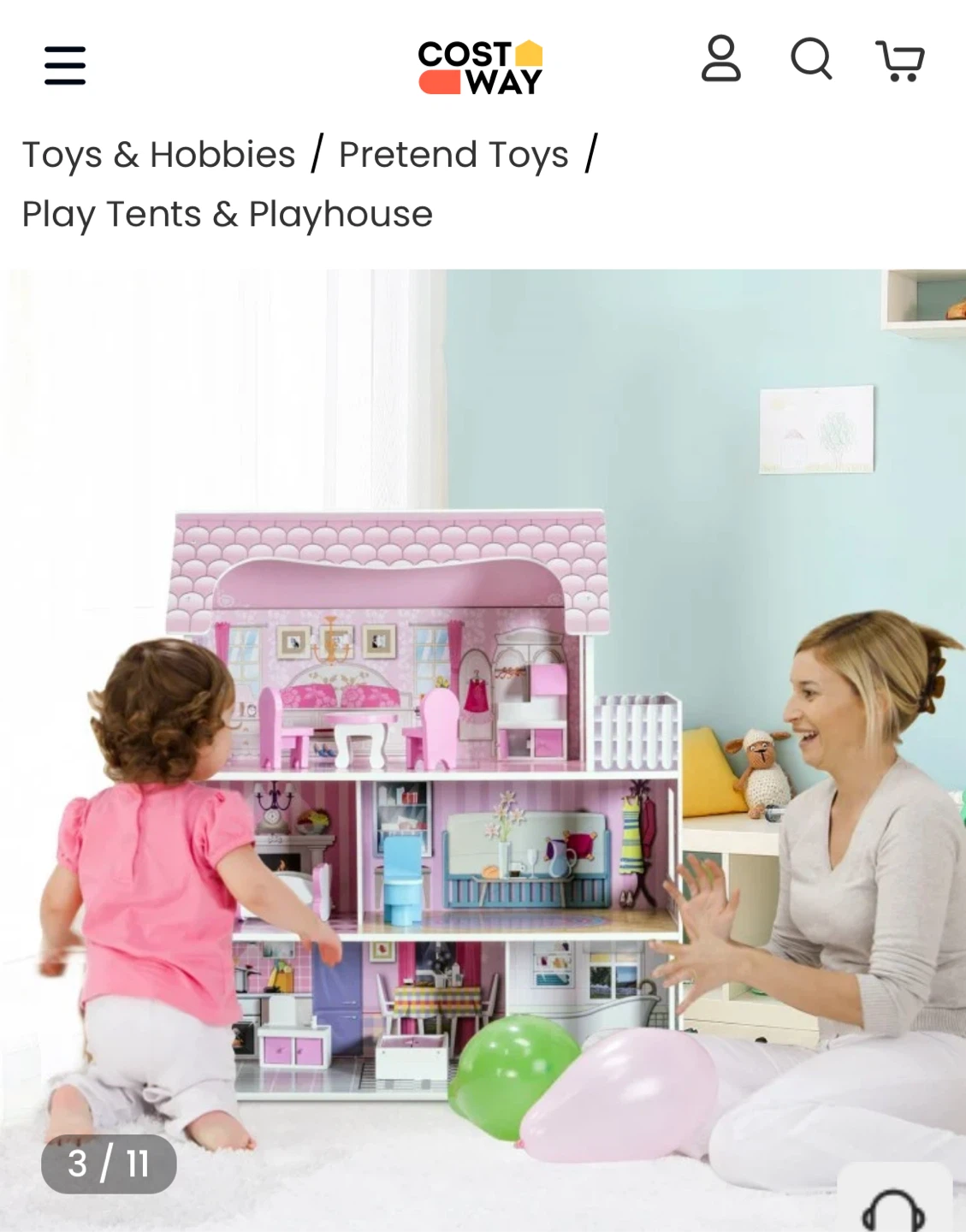 Costway Pink Wooden Dollhouse with 11 Pieces of Furniture - photo 4