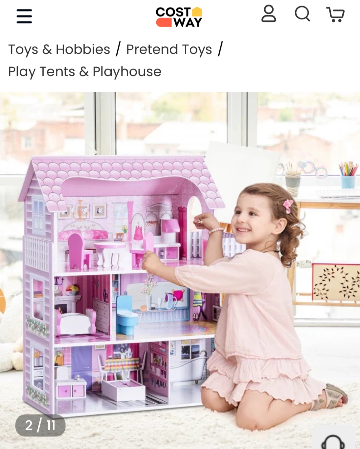 Costway Pink Wooden Dollhouse with 11 Pieces of Furniture - photo 2