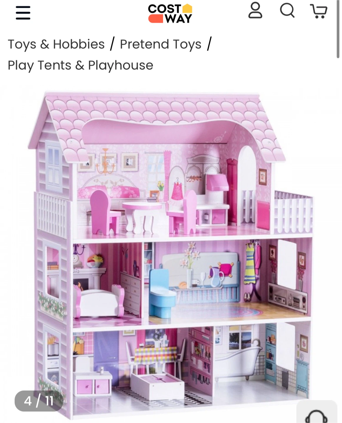 Costway Pink Wooden Dollhouse with 11 Pieces of Furniture - photo 3