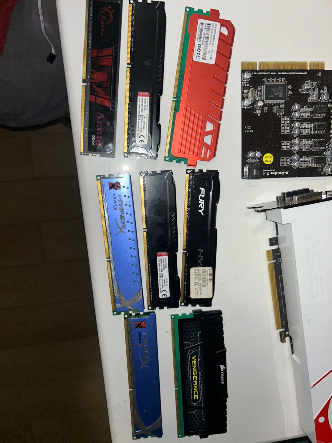 Assorted Desktop RAM Sticks and X-Raider 7.1 Card