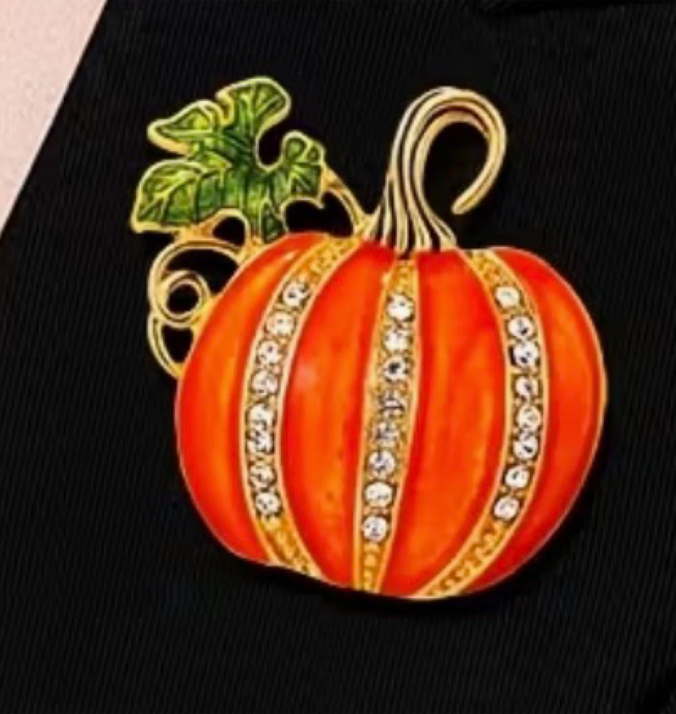 Beautiful Orange Pumpkin Brooch with Rhinestones
