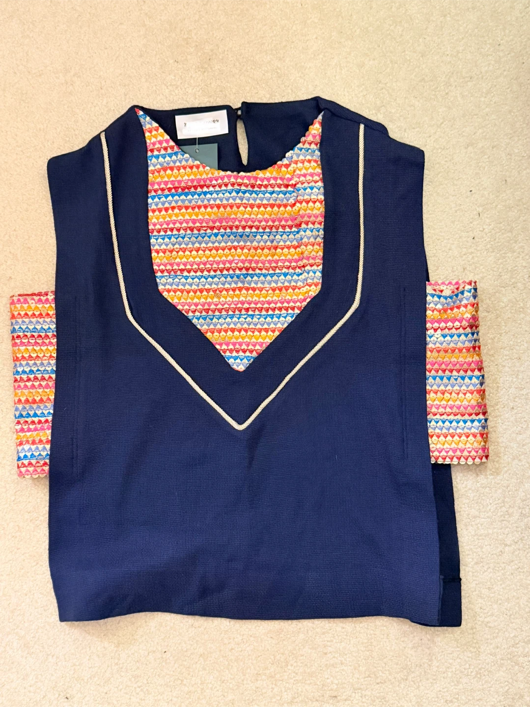 Navy Blue Top with Colorful Embroidered Trim
