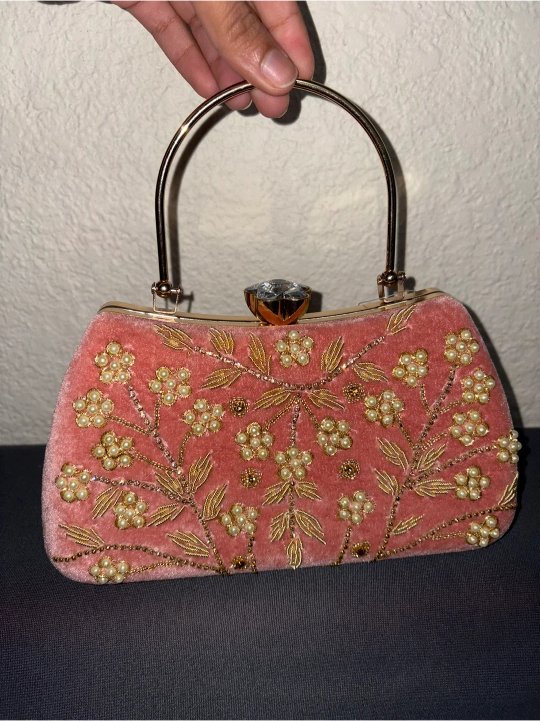 Pink Beaded Clutch Bag with Handle