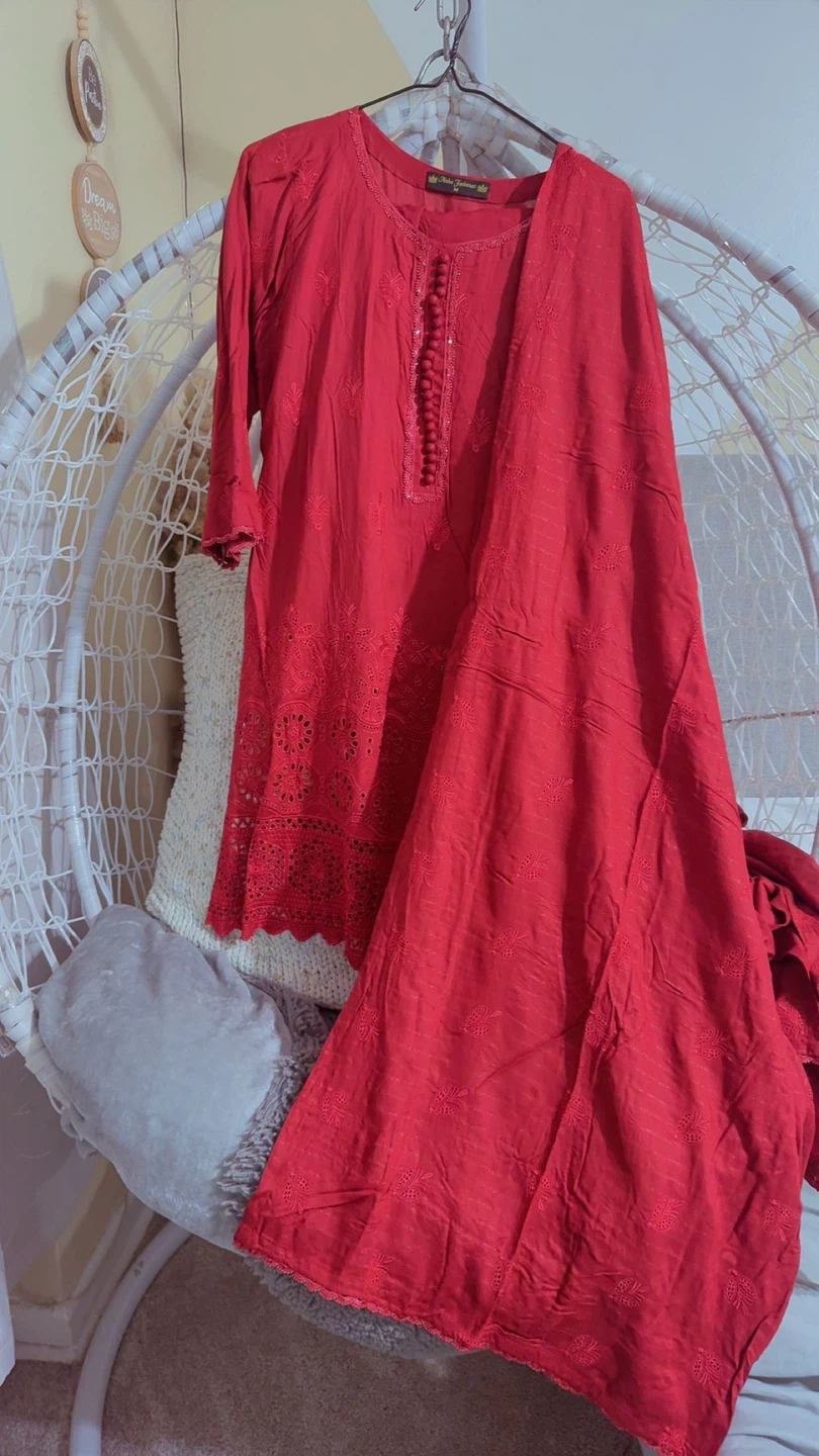 Red cut work suit with Tassel Buttons