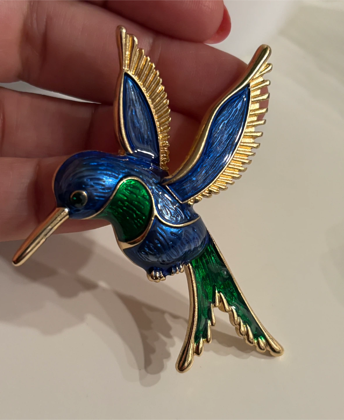 Enamel Hummingbird Brooch - Blue and Green
