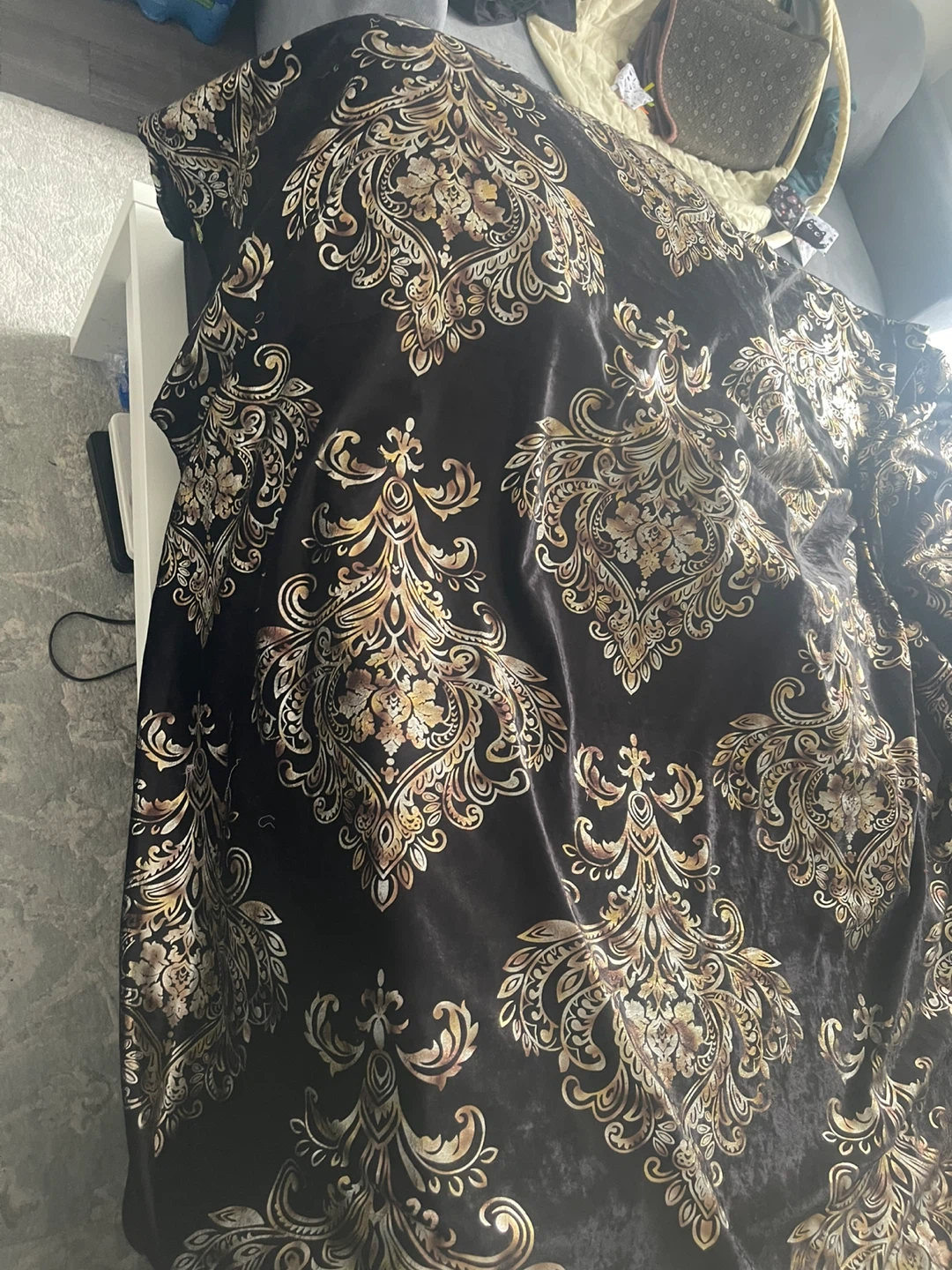 Black velvet pillow cover with gold damask pattern