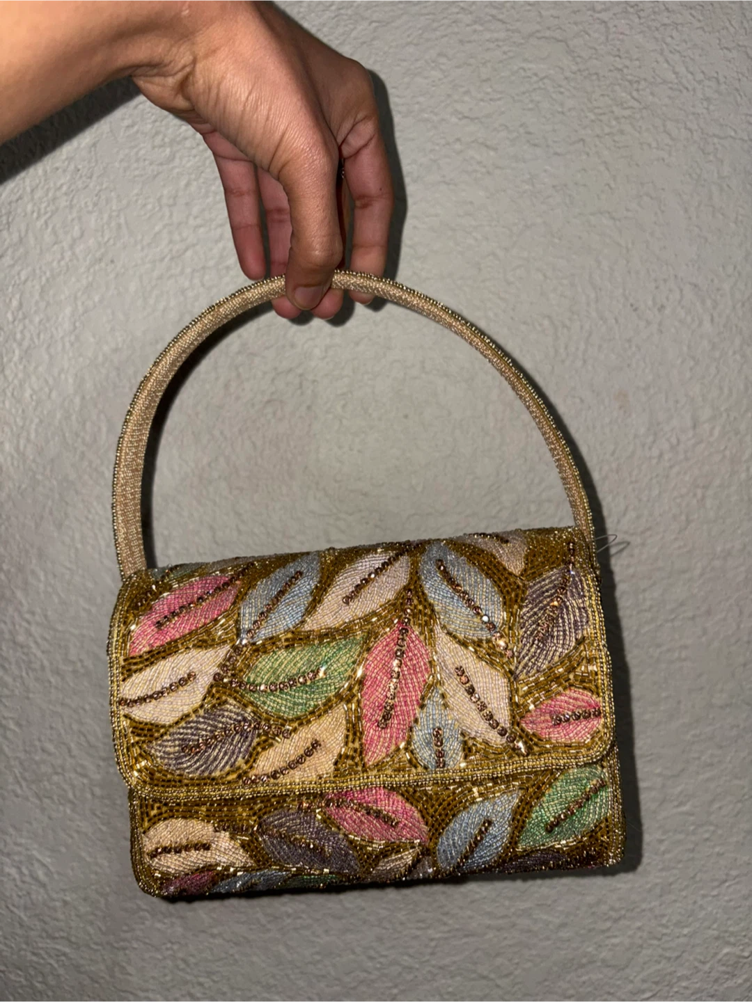 Multicoloured Beaded Leaf Clutch Purse