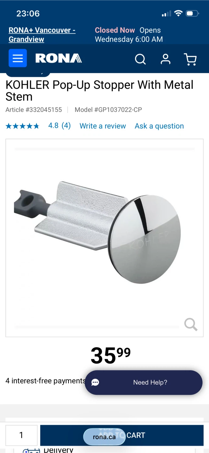 Brand New Kohler Drain Stopper With Metal Stem - photo 2