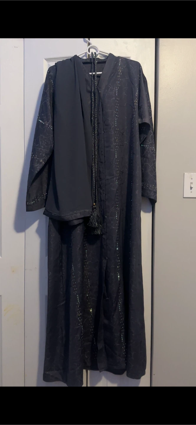 Black sequined abaya set with scarf