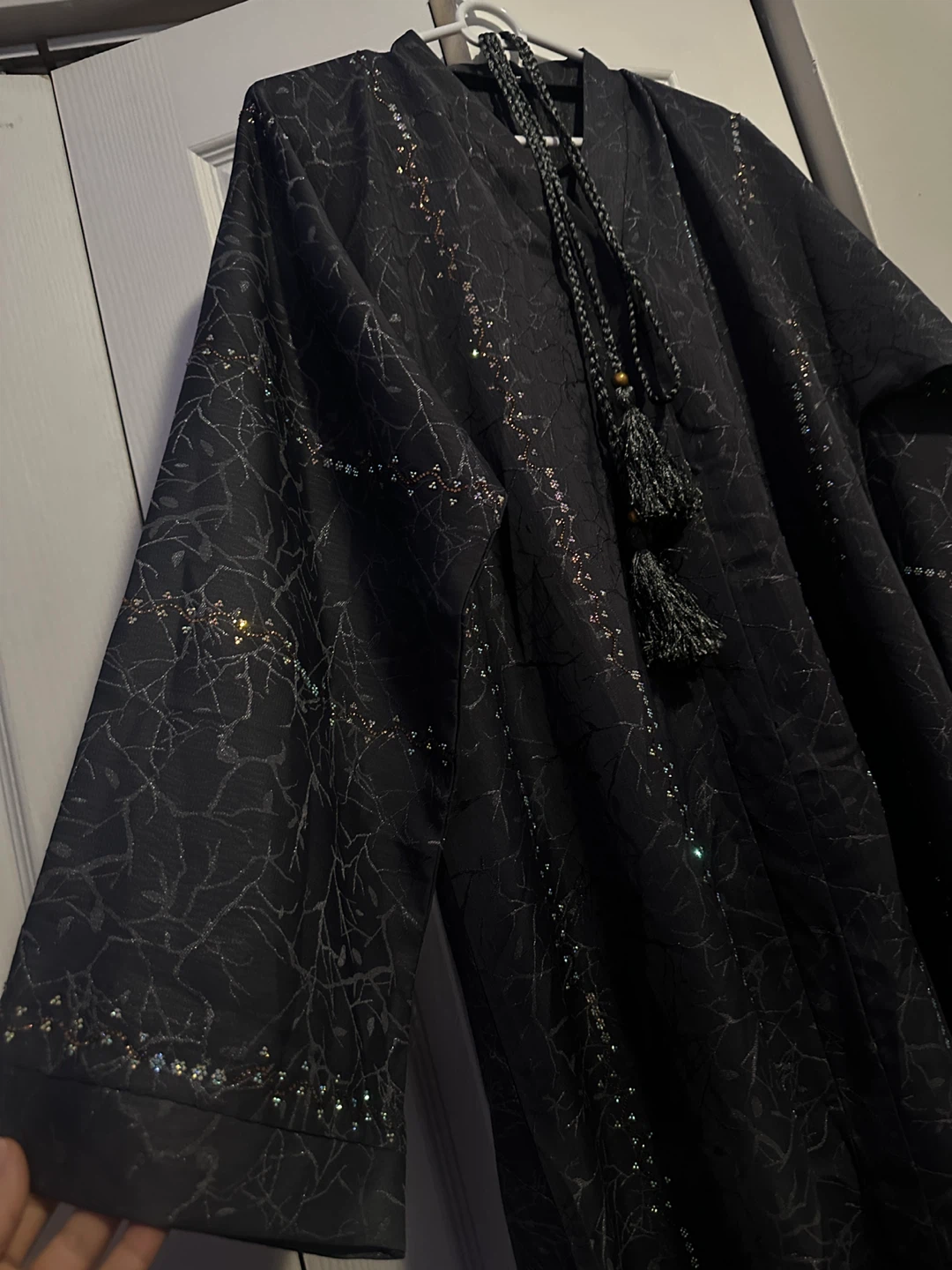 Black sequined abaya set with scarf - photo 2