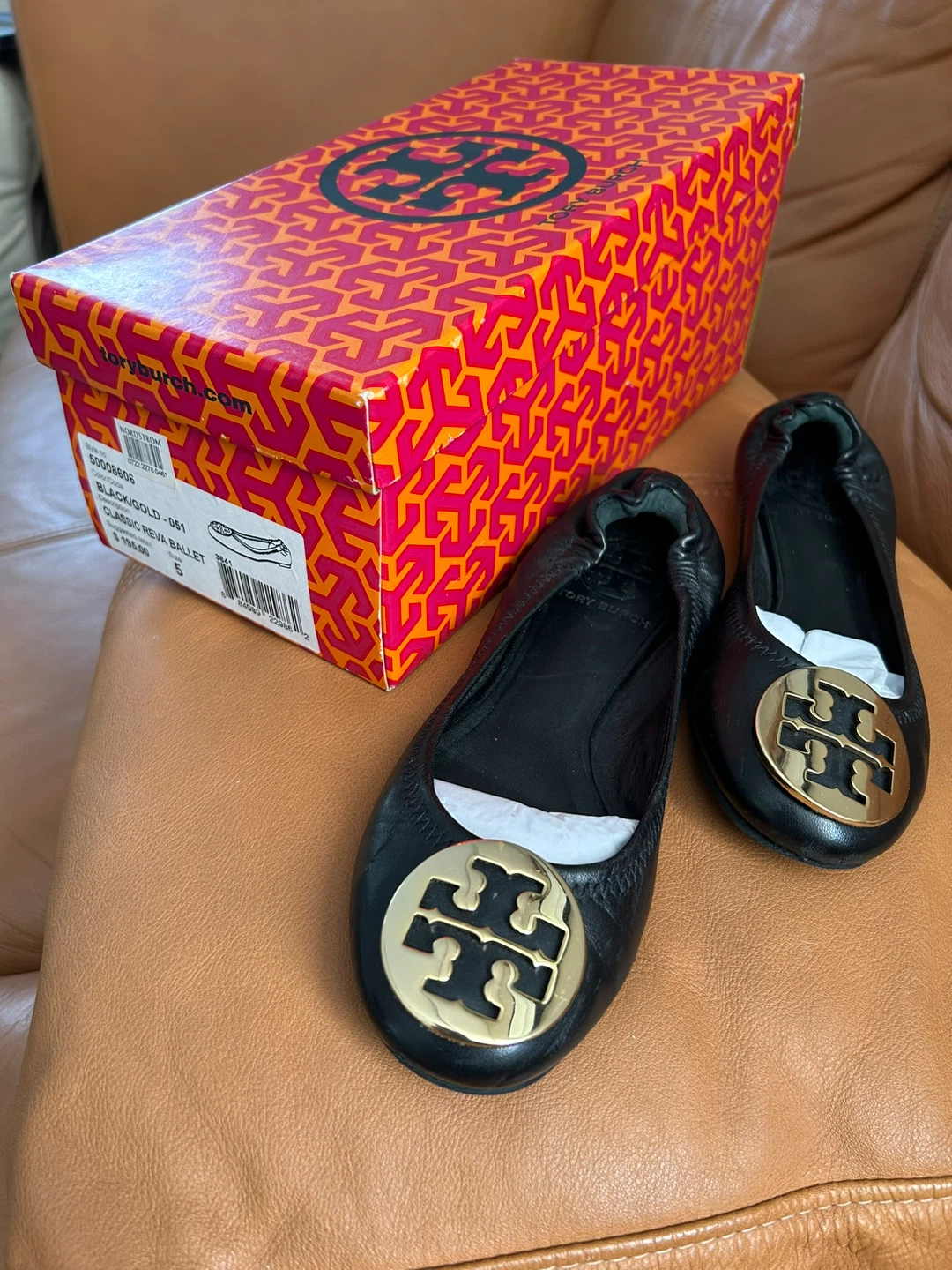 Tory Burch Classic Reva Ballet Flats - Black/Gold, Size 5
