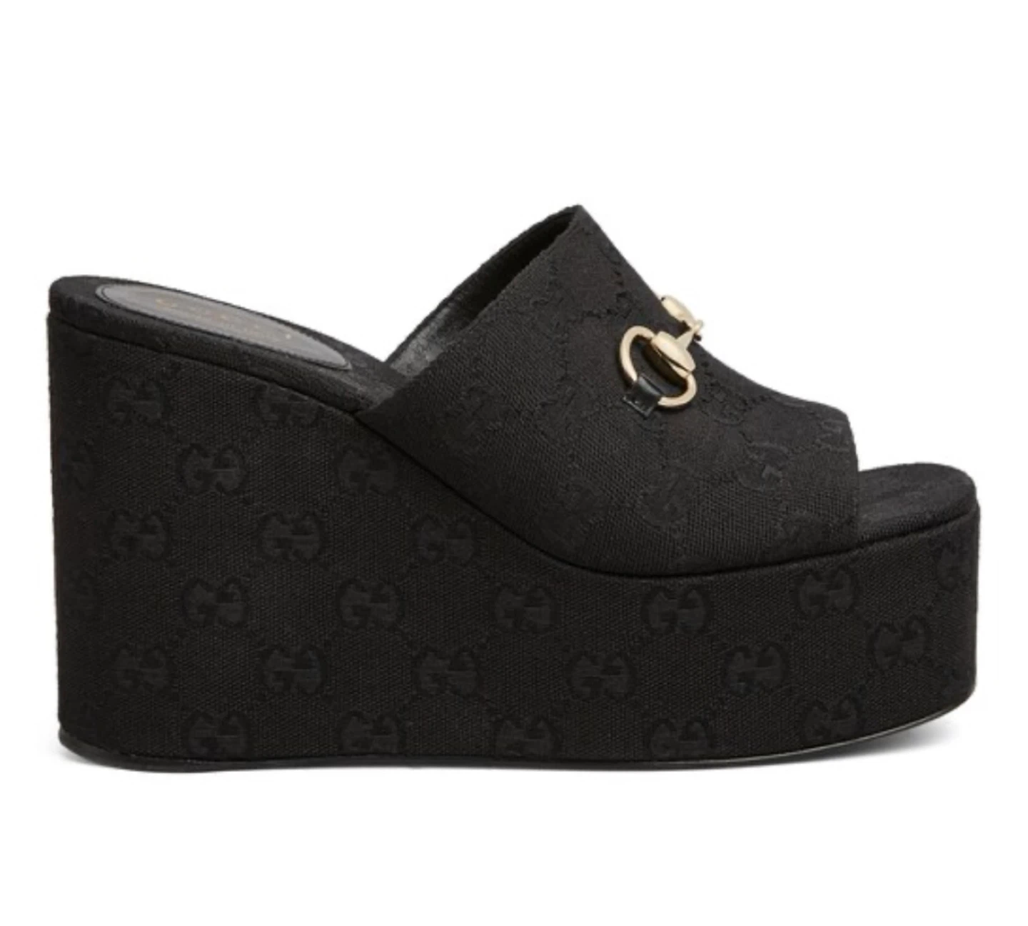 GUCCI Black Wedge Sandals with Horsebit