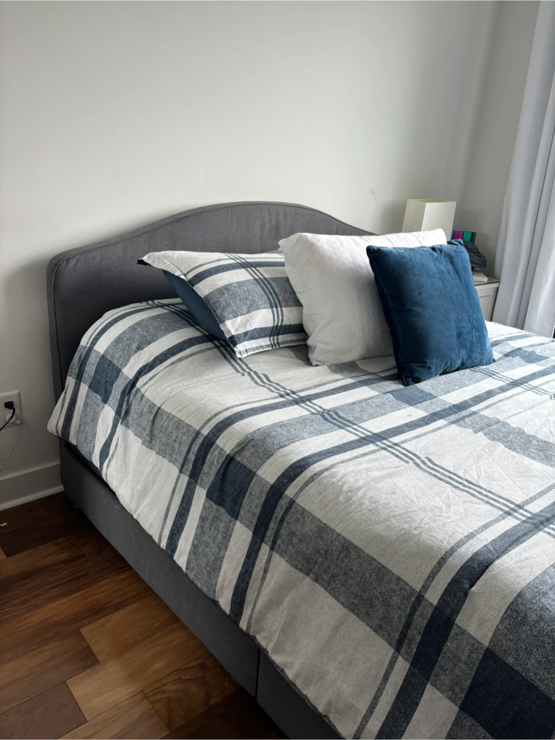 Grey Upholstered Queen Bed Frame with Storage Drawer