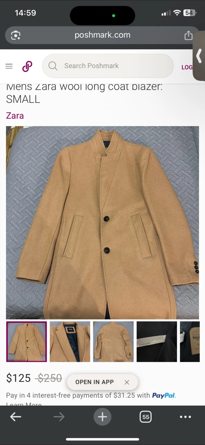 Zara Men's Camel Wool Blend Coat - Small
