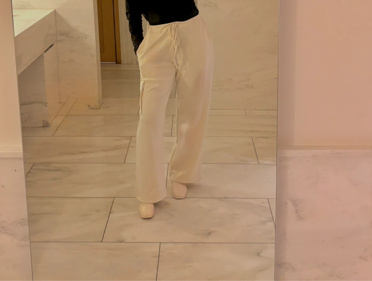 Cream Cargo Style Wide Leg Pants