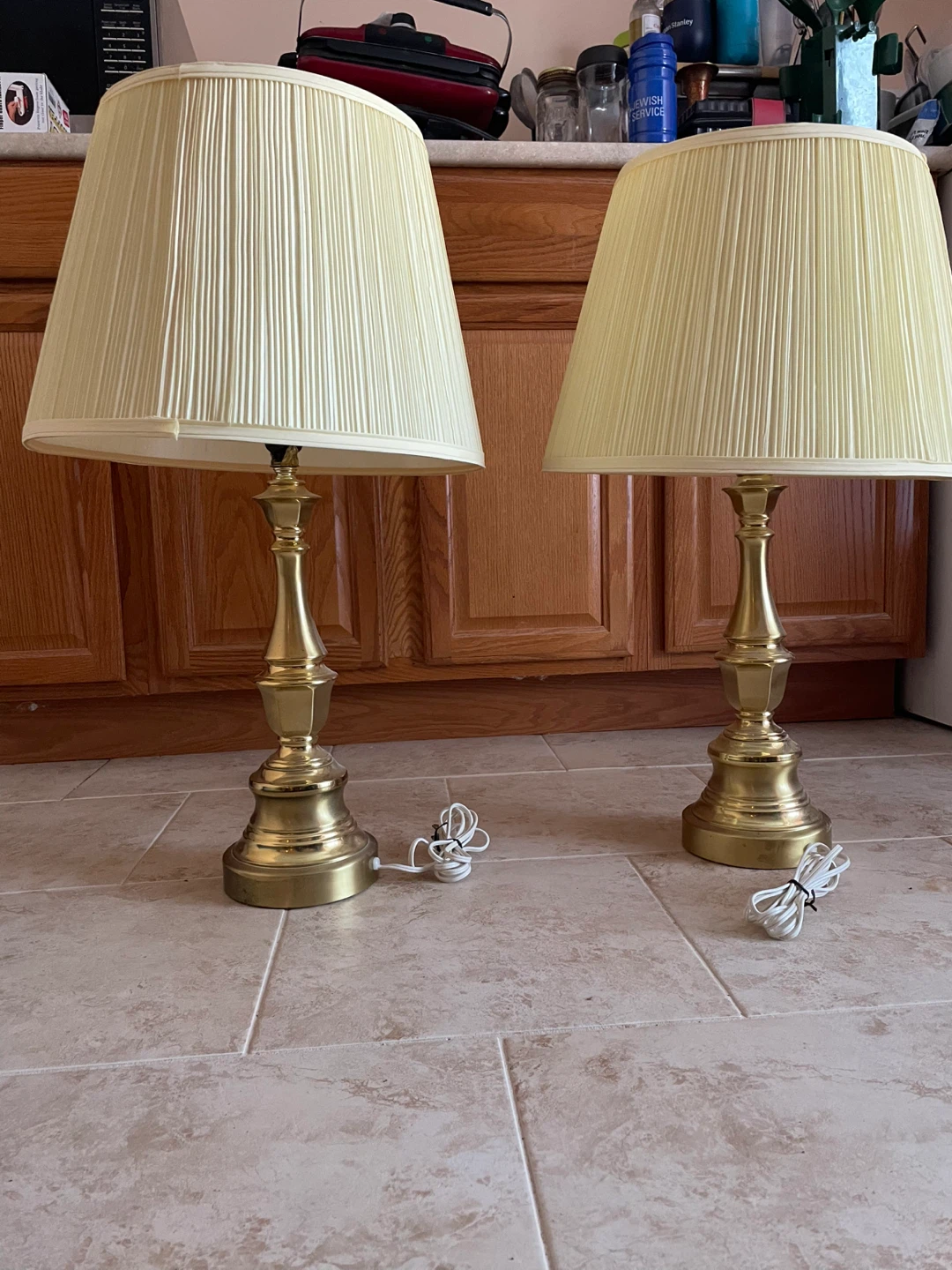 Pair of Brass Table Lamps with Pleated Shades