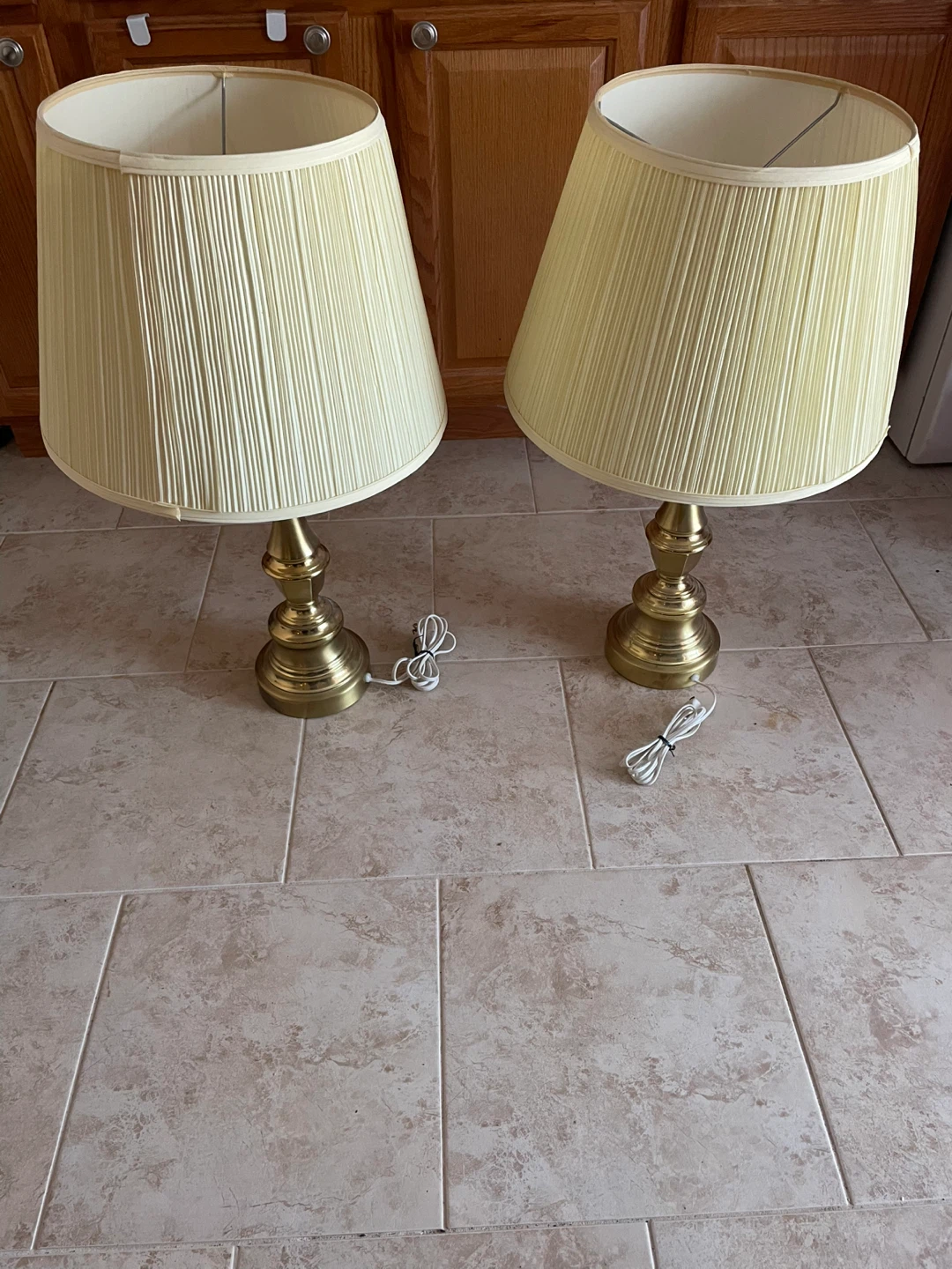 Pair of Brass Table Lamps with Pleated Shades - photo 2