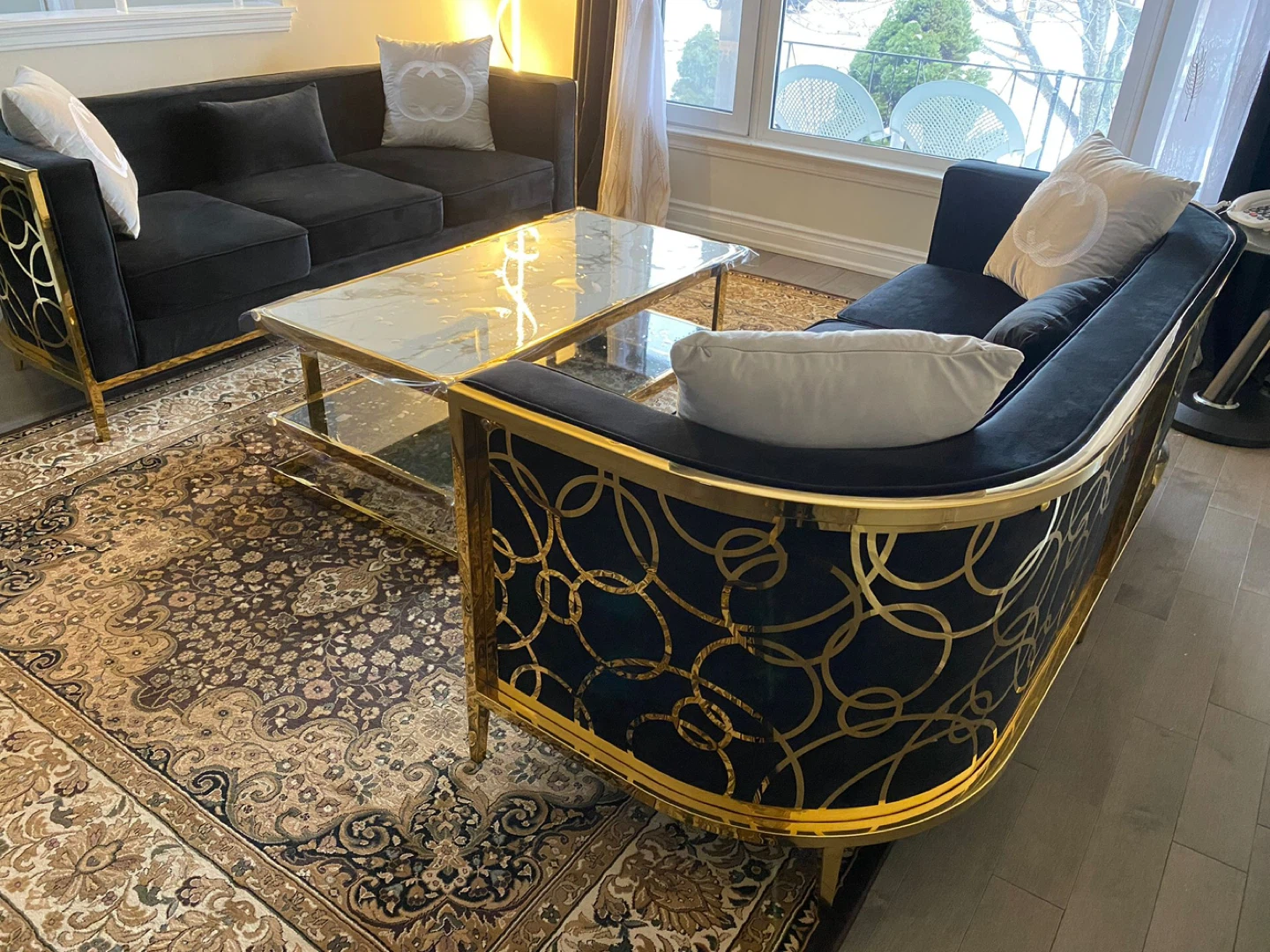 Black Velvet Sofa with Gold Accents (4-5 months old)