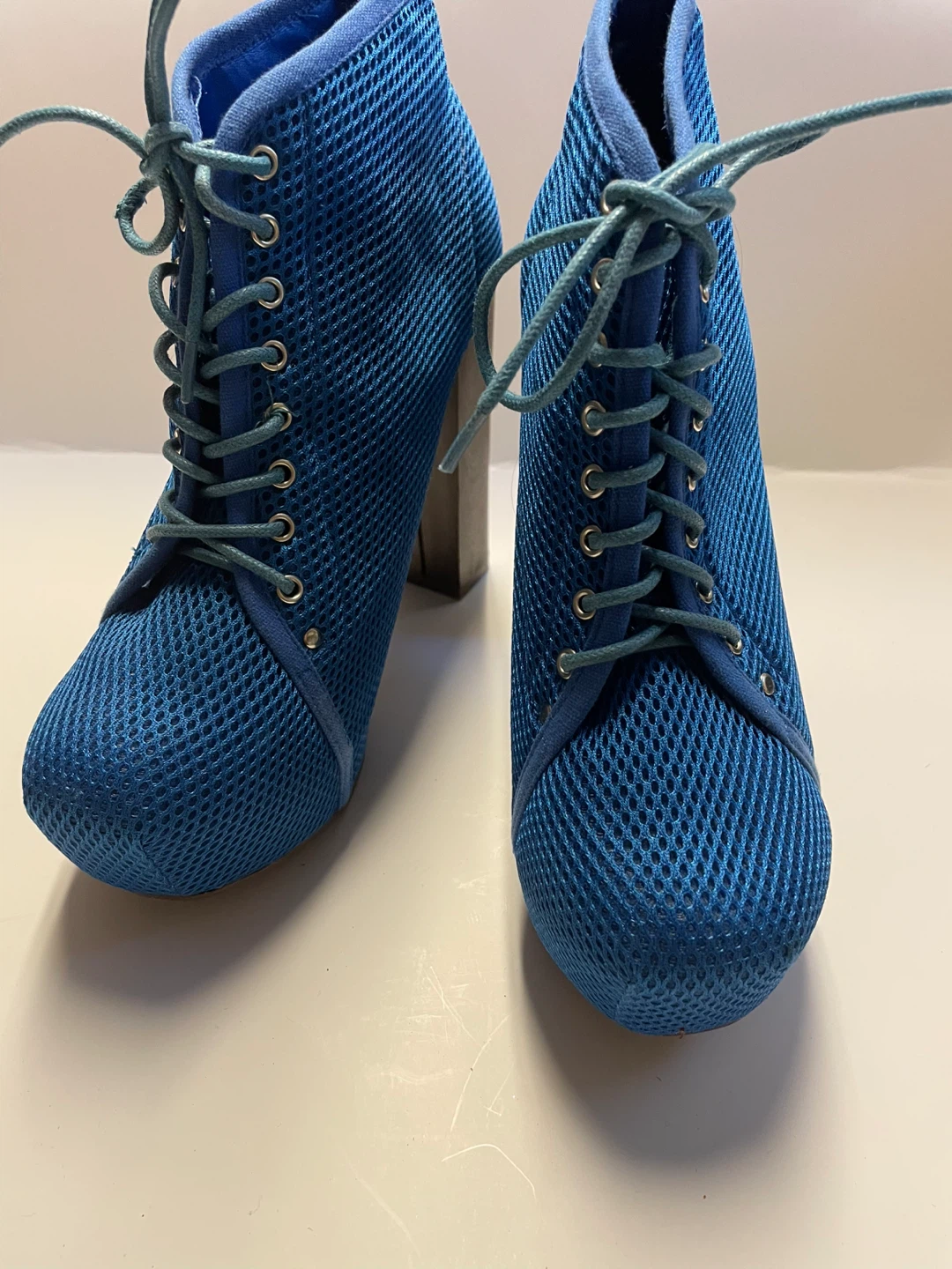 Blue Mesh Lace-Up Heeled Booties