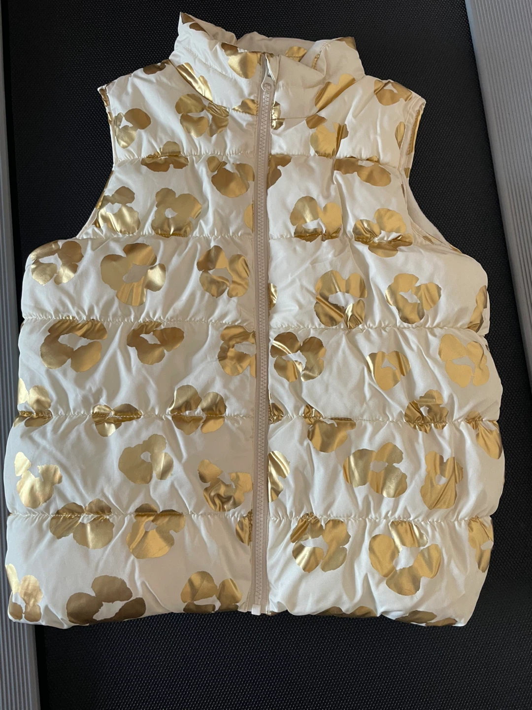 White Puffer Vest with Gold Floral Print
