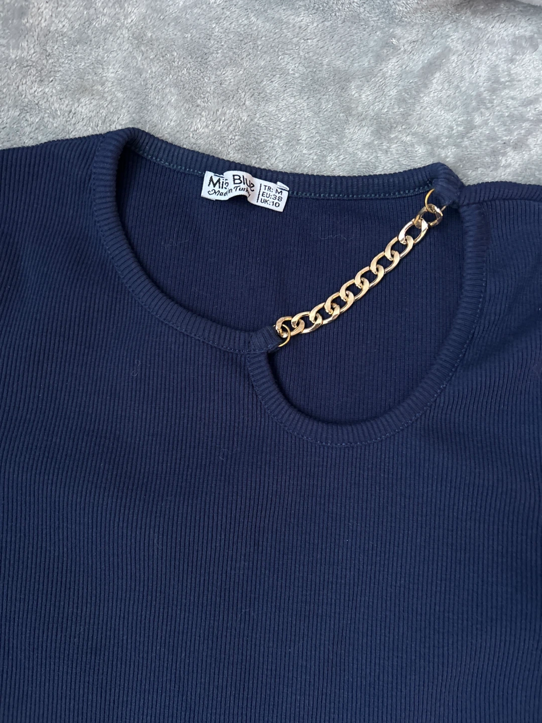 Navy Ribbed Long Sleeve Top with Gold Chain Detail - Medium - photo 2