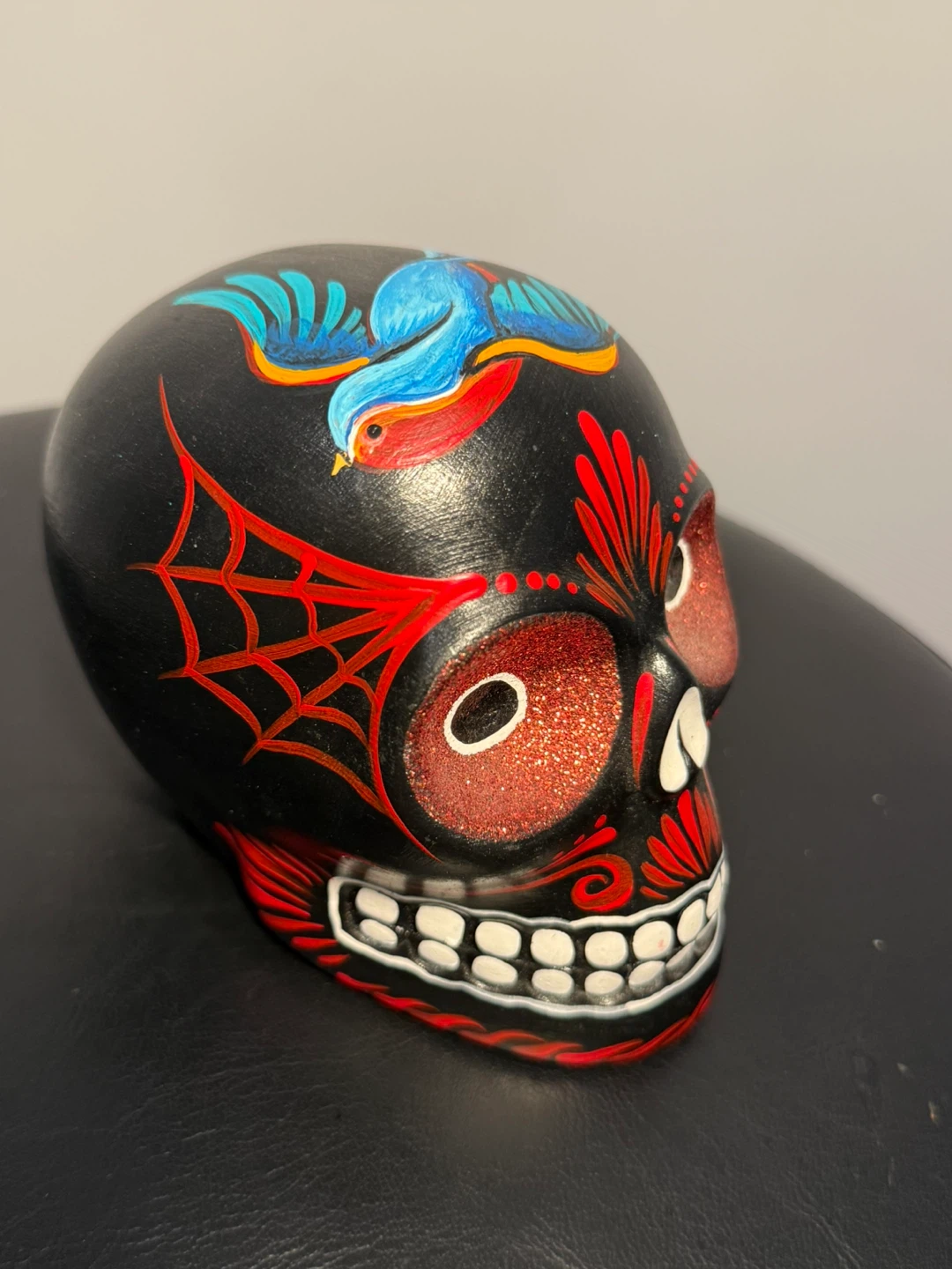 Hand-Painted Decorative Skull Figurine with Bird Design - photo 2
