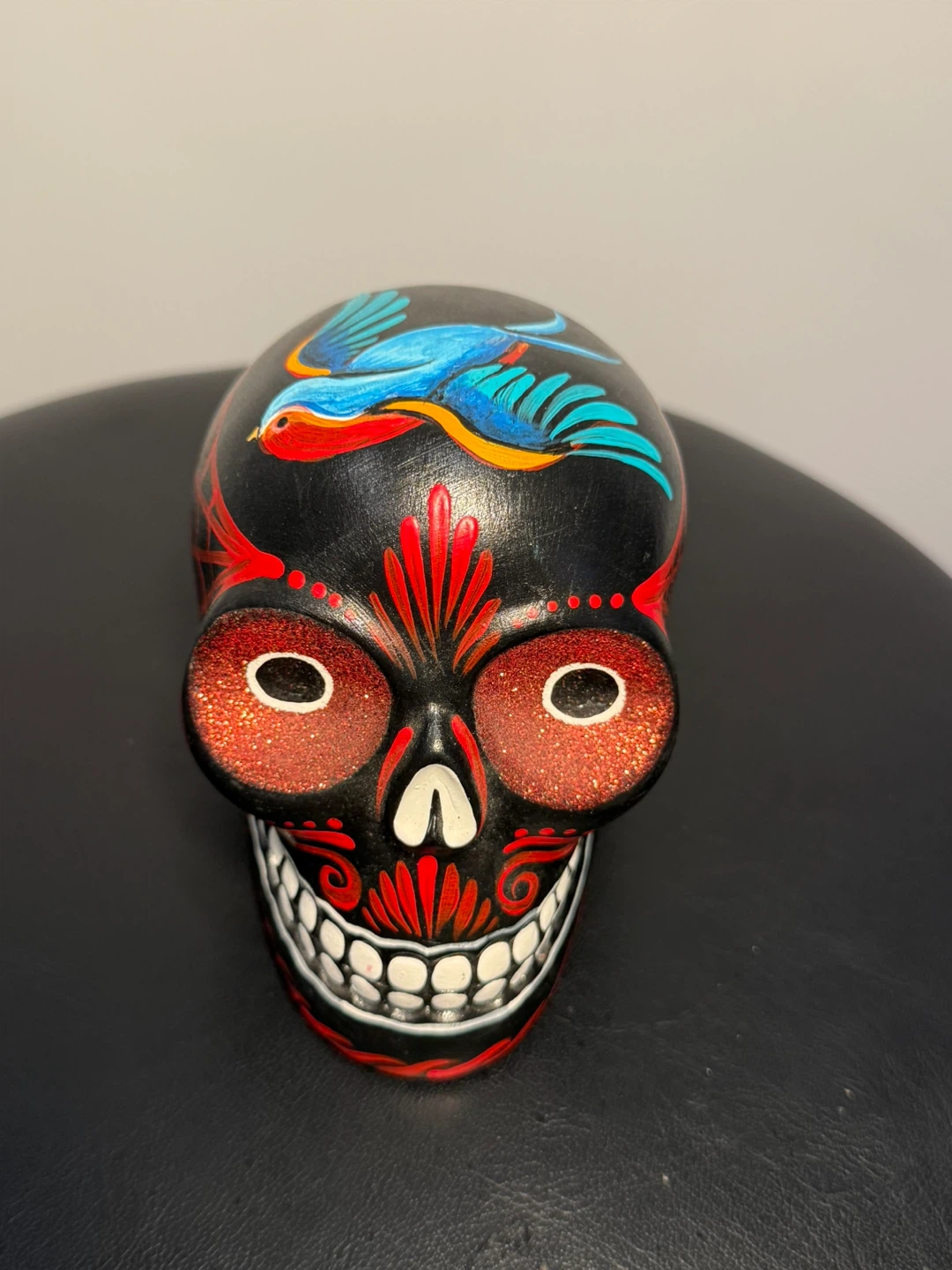Hand-Painted Decorative Skull Figurine with Bird Design - photo 4