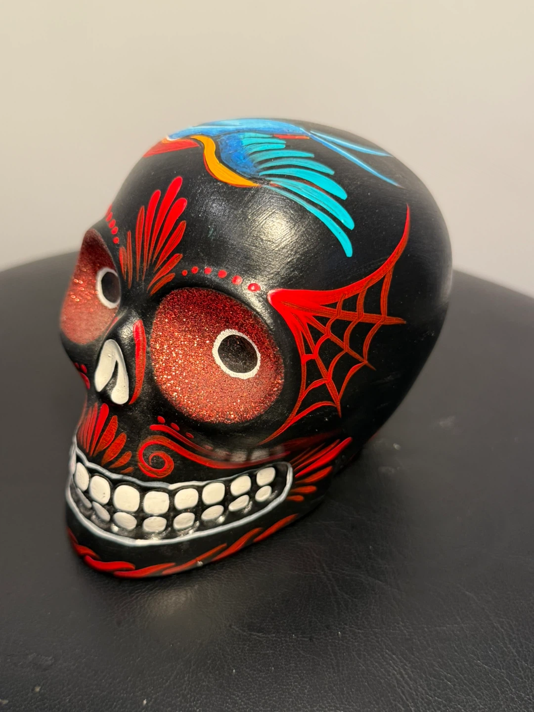 Hand-Painted Decorative Skull Figurine with Bird Design - photo 3