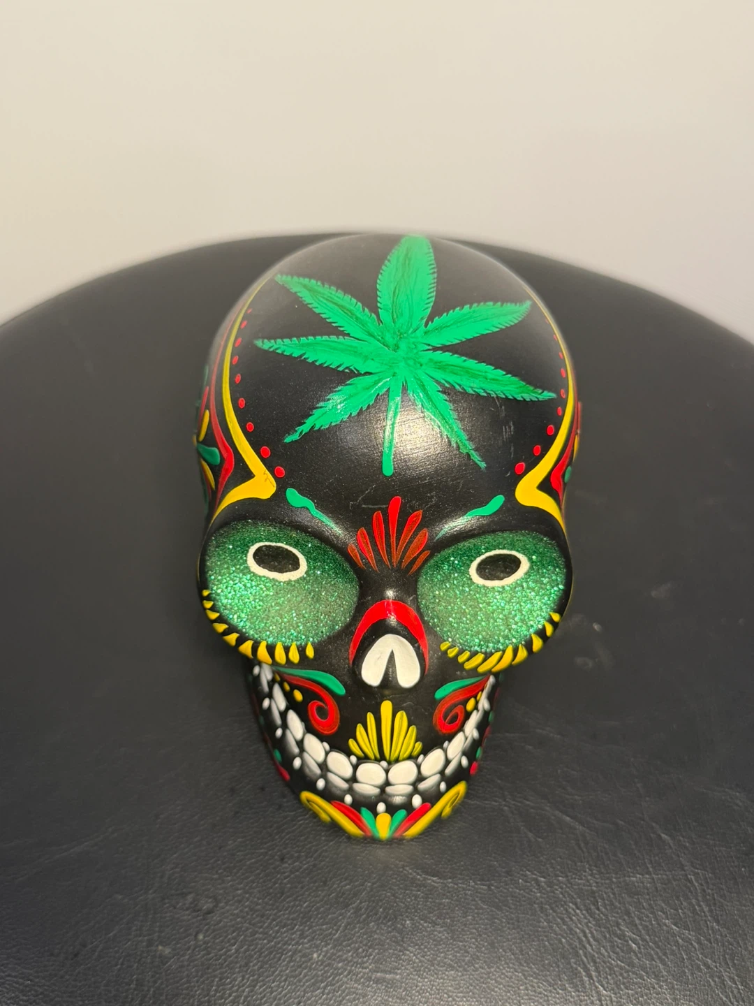 Decorative Sugar Skull with Marijuana Leaf Design