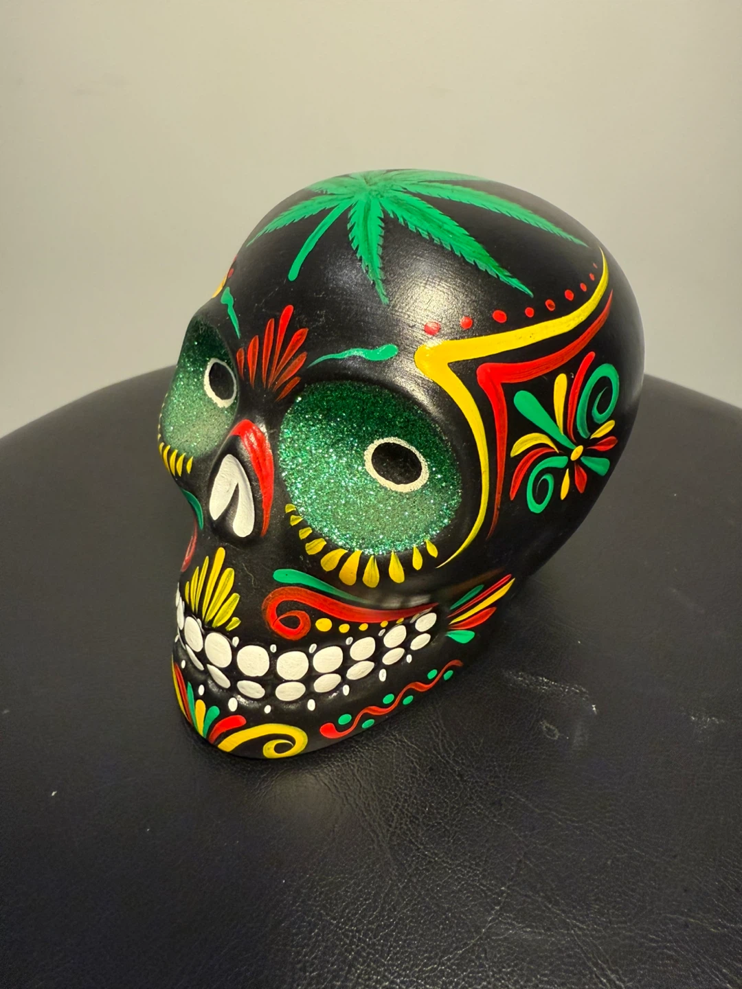 Decorative Sugar Skull with Marijuana Leaf Design - photo 4
