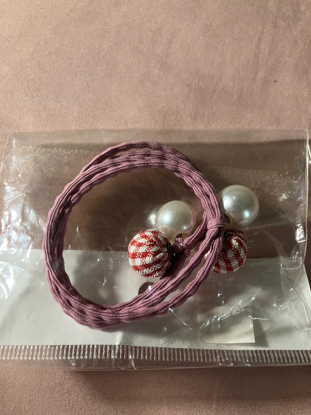 Purple Hair Ties with Pearl and Gingham Ball Charms (Set of 3)