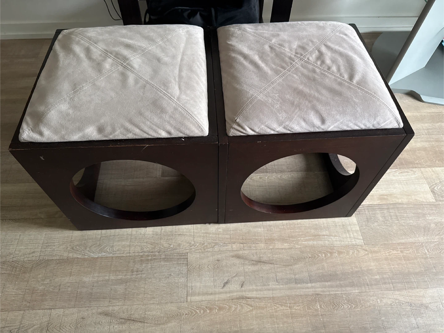 Set of 2 dark brown ottomans with beige fabric seats and a Table - photo 5